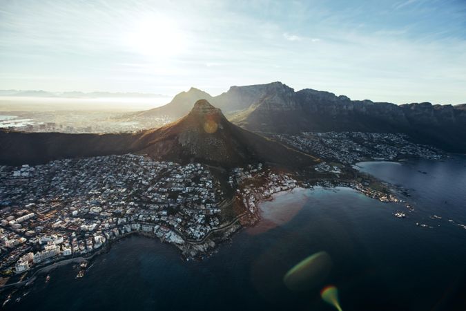 View of Cape Town city with Devil's Peak from helicopter