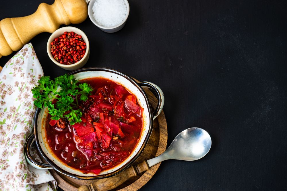 Top view of traditional Ukrainian soup borscht