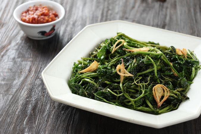 Jukut Goreng or Selada Air Goreng, Deep Fried Watercress with Salt and Fried Onion