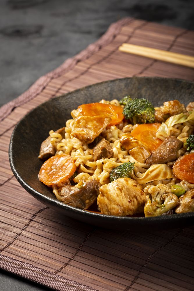 Yakisoba noodles. Yakisoba dish with meat, chicken and vegetables.