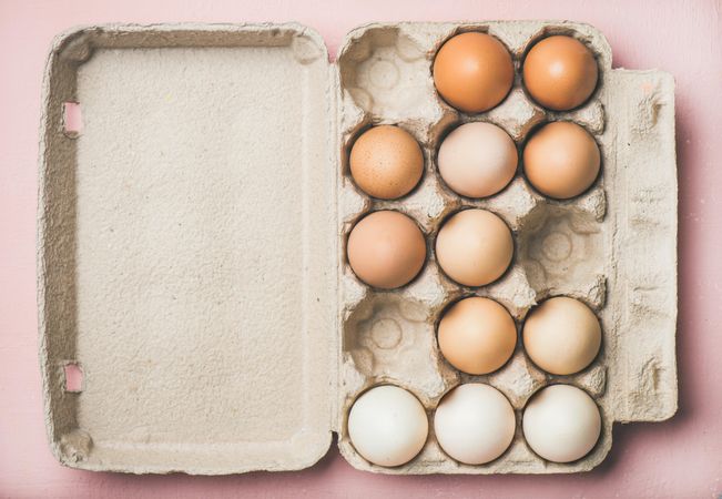 A dozen of natural colored eggs in carton
