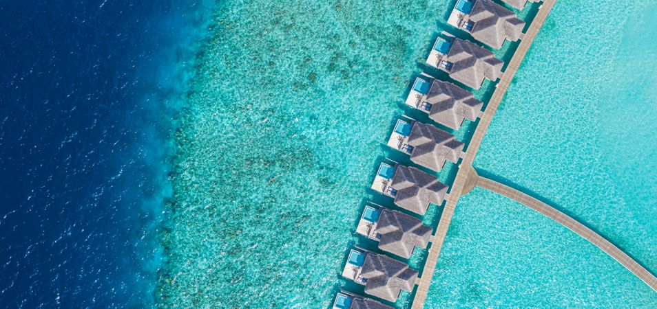 Aerial shot of holiday villas in the sea