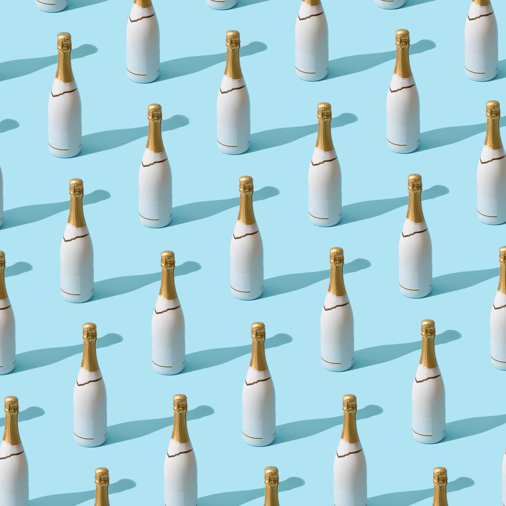 Champagne bottle in rows
