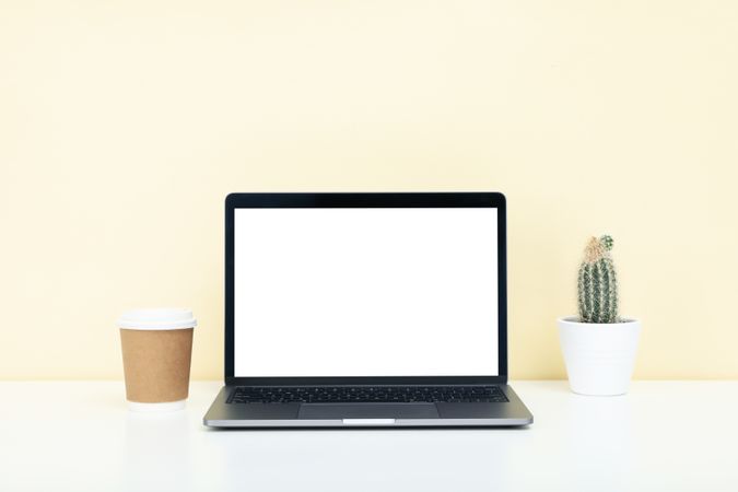 Open laptop with blank mockup screen in cream room with cactus and to go drink