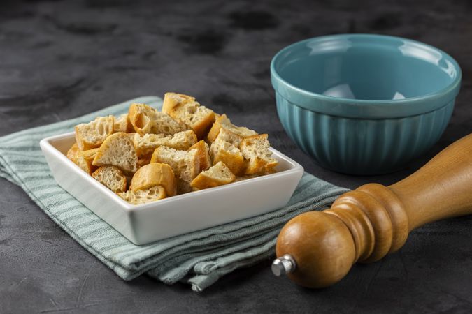 Delicious crunchy croutons on the table.
