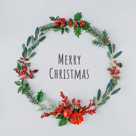 “Merry Christmas” surrounded with wreath made of branches of mistletoe and pine on light background