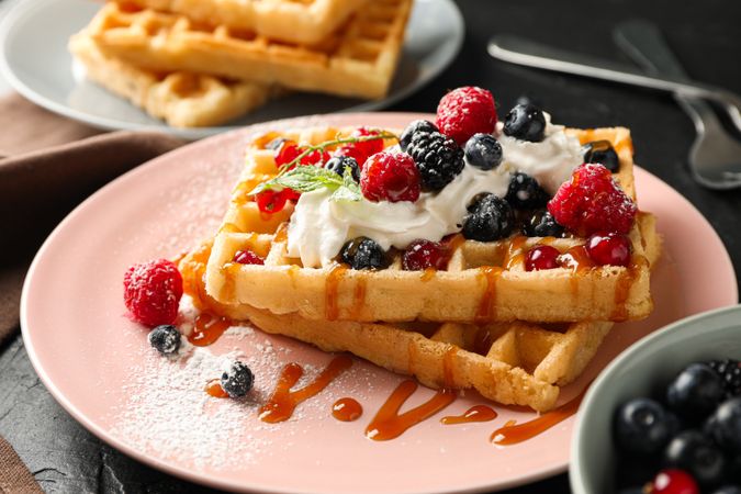 Beautiful composition with sweet waffles, space for text
