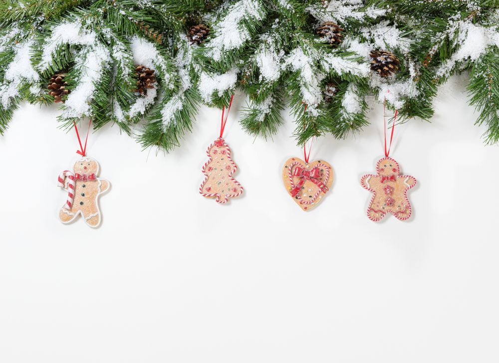 Christmas snowy tree branches and cookie ornaments