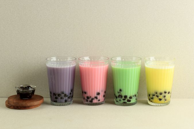 Various Color Bubble Tea on Glass Cup.
