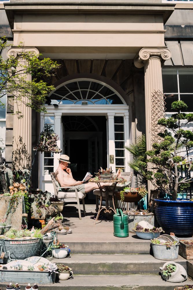 Man on porch with decorative plants in sunlight