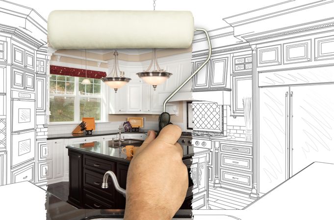 Before and After of Man Painting Roller to Reveal Custom Kitchen Photograph Under Pencil Sketch Drawing Plans.