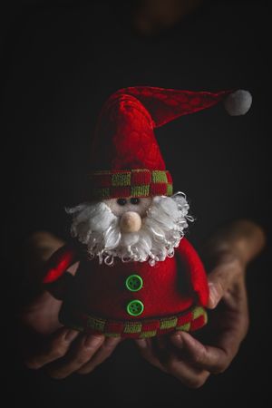 Crop person with toy Christmas elf