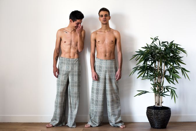 Stylish shirtless gay couple posing