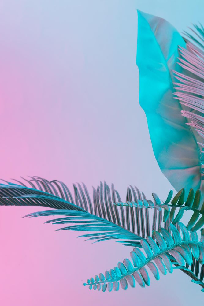 Tropical and palm leaves in vibrant bold gradient holographic colors