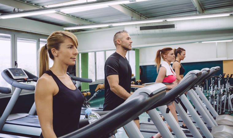 Group of healthy people on treadmills in gym