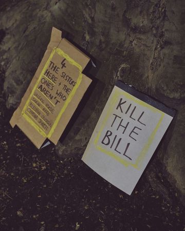 London, England, United Kingdom - March 16, 2021: Two signs from a Kill the Bill protest