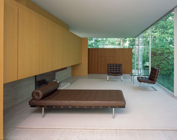 Indoor view of the Farnsworth House built by architect Ludwig Mies van der Rohe