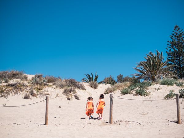 Cute twins girls playing on sandy beach
