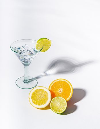 Cocktail glass with ice cubes and sliced citrus
