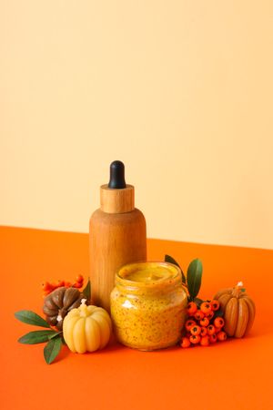 Concept of different cosmetic products, Pumpkin cosmetics