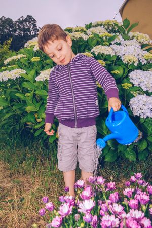 Happy boy watering flowers in the garden