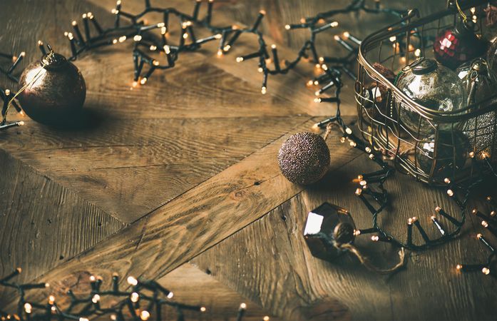 Christmas tree decorations, on wooden counter, copy space, horizontal composition