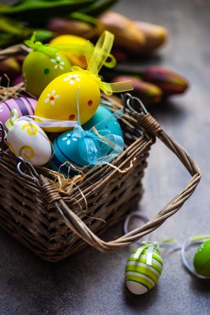 Decorative Easter eggs in basket