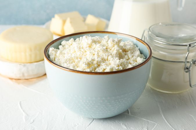 Different dairy products on background, close up