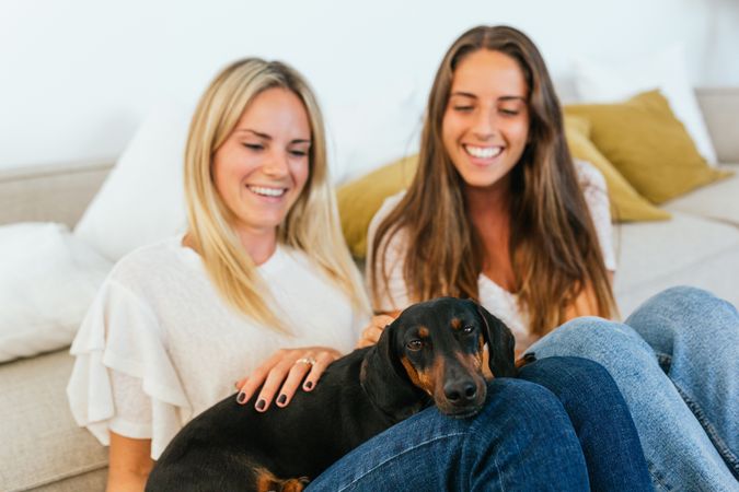 Smiling girlfriends with cute dog