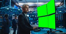 Financial Analyst Using a Desktop Computer with Multi-Monitor Workstation with Green Screen Chromakey On Display.