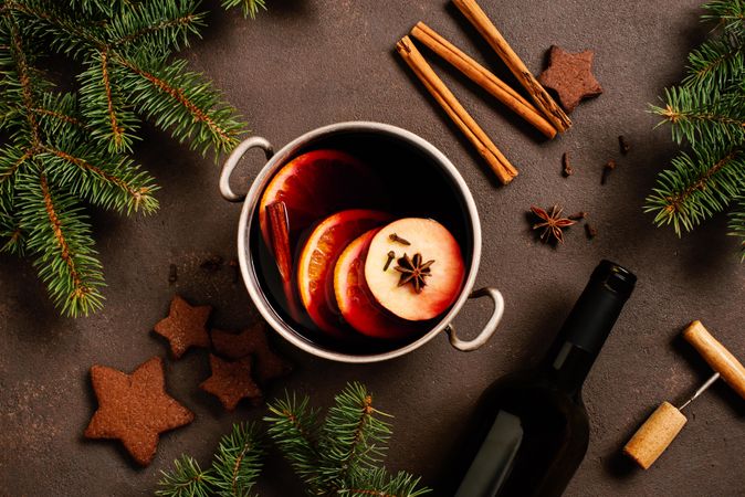 Top view of mulled wine and cookies