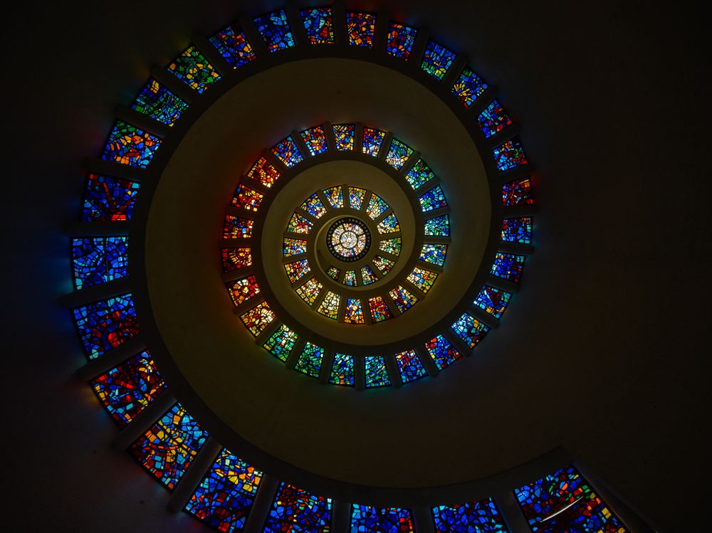 The "Glory Window" inside chapel at Thanks-Giving Square, Dallas, Texas