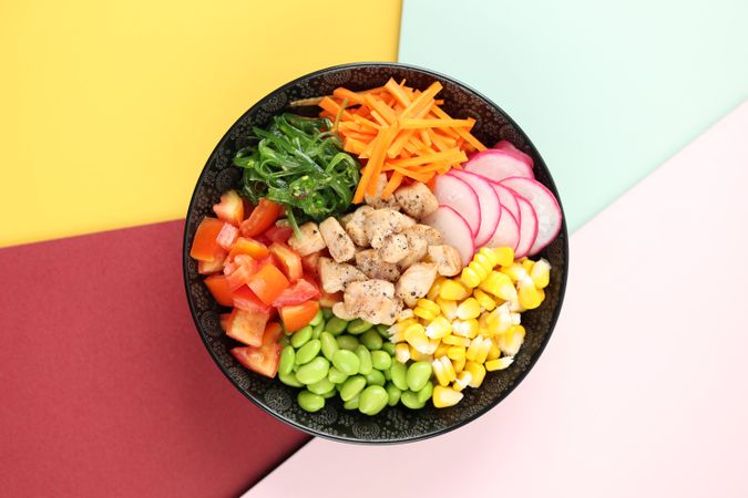 Poke Bowl with Chicken, Tomato, Corn, Carrot, Red Tomato, Chuka Wakame