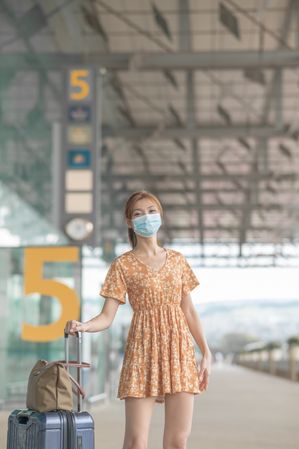 Woman with facemask beside her luggage at the airport
