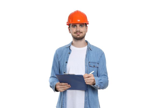 Young man civil engineer, isolated on light background