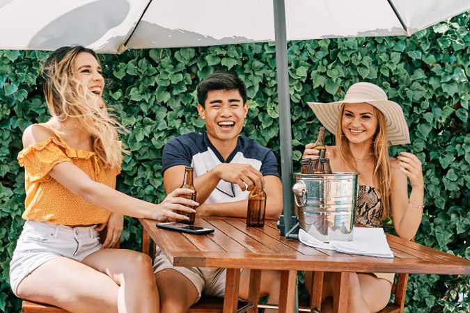 a group of young people cheers with beer in a summer day