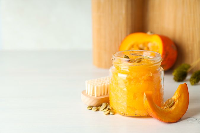 Concept of different cosmetic products, Pumpkin cosmetics, space for text