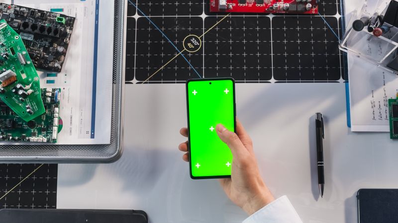Business Manager Scrolling Through Apps on Smartphone with Green Screen Chromakey Mock Up Display in a Modern Workplace. Photo Template with Isolated Placeholder for Digital Marketing Demo