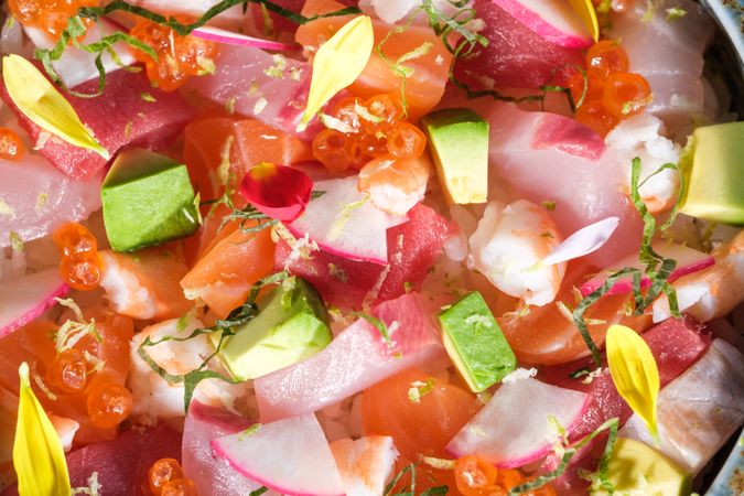 Fresh salad with vegetables and caviar