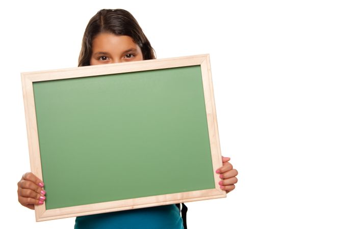 Pretty Hispanic Girl Holding Blank Chalkboard