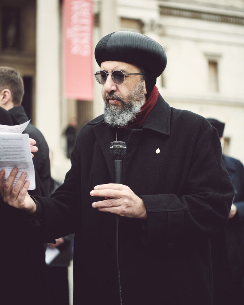 London, England, United Kingdom - March 5 2022: Man with microphone at anti-war protest