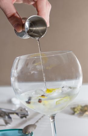 Barman pouring drink to prepare gin tonic cocktail