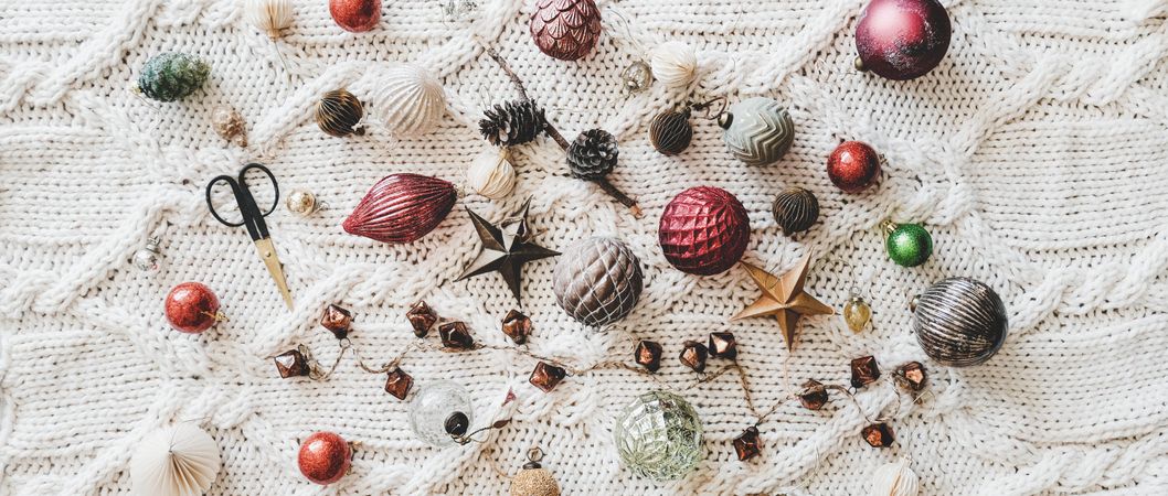 Flat-lay of holiday decorations, top view, wide composition