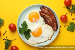 Looking down at plate of breakfast with eggs, sunny side up with bacon 0V7q35