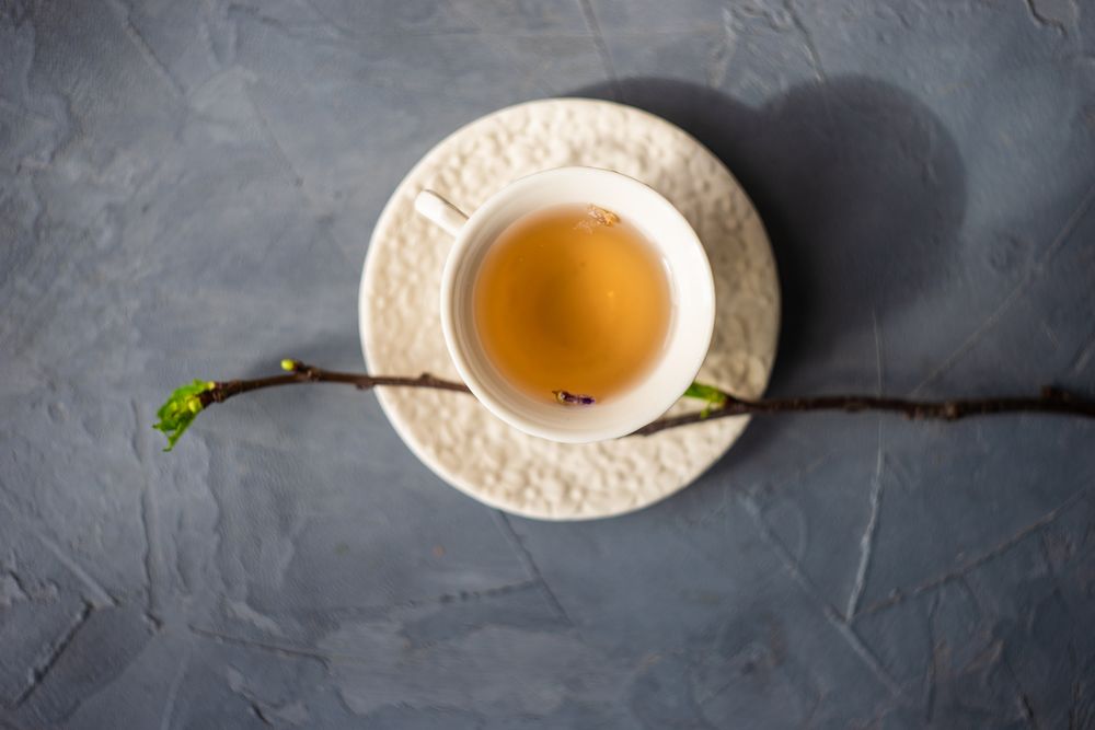 Top view of cup of tea and blooming tree
