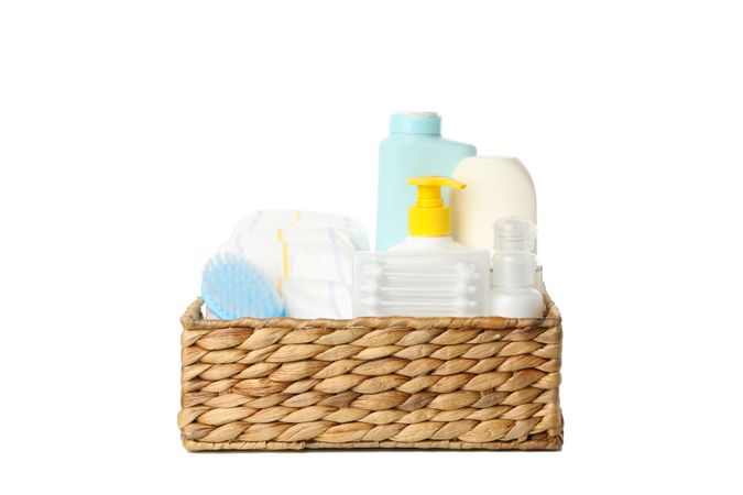 Baby hygiene accessories isolated on light background