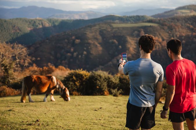 Men taking picture with mobile phone of mountain landscape and cow