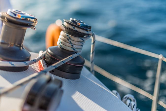 Close up of rope on spool on sail boat
