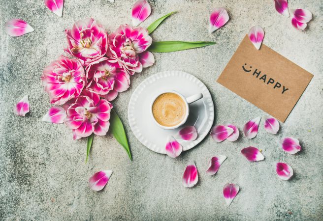 Beautiful fuschia florals beside coffee saucer on grey background