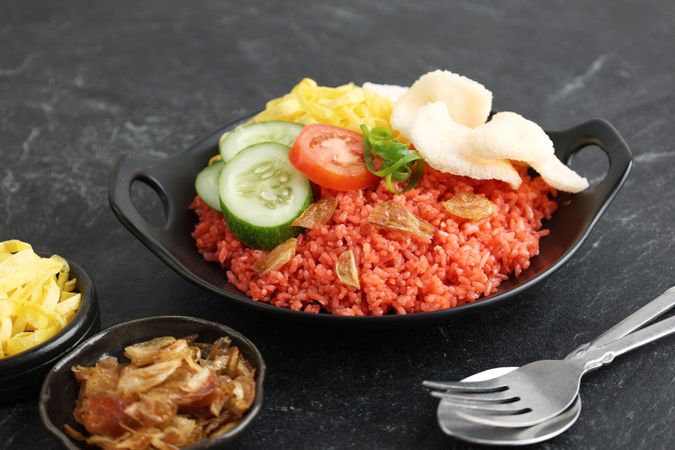 Nasi Goreng Merah Surabaya with Eggs and Crackres